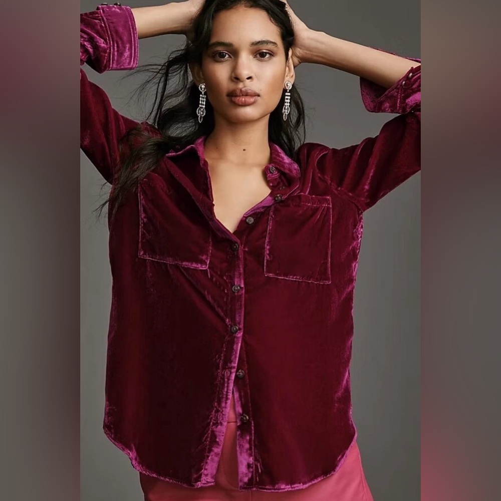 Anthropologie Pilcro Deep Red Velvet Button Down Shirt